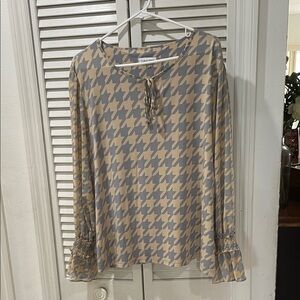 Calvin Klein Beige and Gray Houndstooth Tie-Neck Blouse